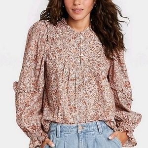 🆕️ UNIVERSAL THREAD Mauve Floral Long Sleeve Ruffle Blouse SIZE: XS